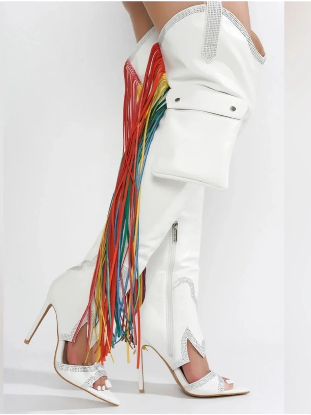 Cape Robbin Lise White Rainbow Fringe Cargo Western Thigh High Boots NWOT 8.5